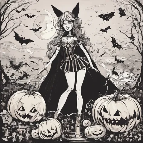 Halloween outfits（best qualtiy，8K pumpkin skeleton,Masterpiece）When the skeleton pumpkin appears，Bats only hear, unseen，Pumpkin girl，borgar，pumpkins，Bat explosion，That whistle echoed for a long time，Its like a prelude to impending death，The image of pumpki...