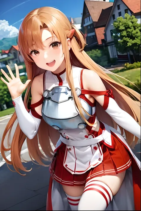 anime girl in a red and white outfit walking down a street, asuna yuuki, asuna from sao