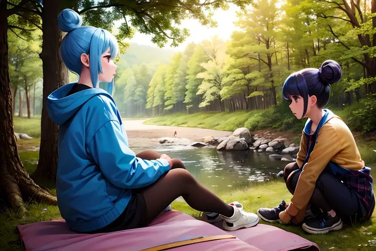 Rin Shima, 1girl in, blue hairs, Hair buns, sitting on, camp, plein air, the woods, camp fire,, anirl, top-quality, 超A high resolution,realisitic