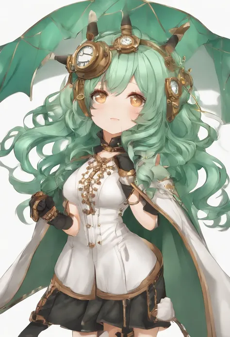 ((Live 2D))  masutepiece, 1girl in, Full body, standing straight, Steampunk clothes, military outfits, Looking at Viewer, Detailed face, Girl with green wavy hair, Bangs, Metal sheep horns, Gradient Hair, multicolored hair, light green hair, Turquoise Hair...