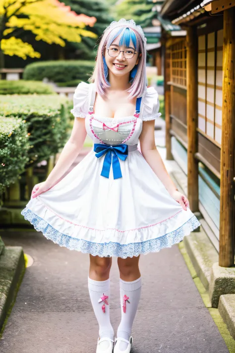 ROW Photos、High quality、Beautiful girl in Japan、18year old、A smile、A slight smil、Soio、Cute sexy maid outfit in white and pink tones、From the knee up、Round glasses、Blue hair color、Silver hair color、Maid Cafe、E Cup Breast、White over-knee socks、garterbelts、