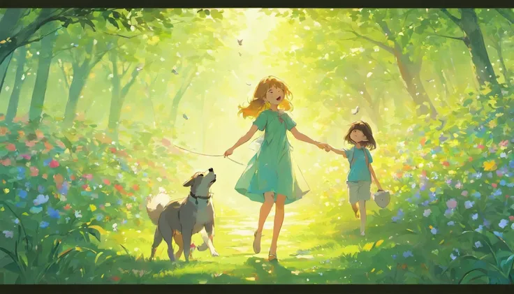 a girl and a dog playing in a blooming spring garden,soft sunlight filtering through the lush green leaves, vibrant flowers in full bloom, sparkling dewdrops on the petals, a peaceful atmosphere,the detailed face expressions of the girl and the dog as they...