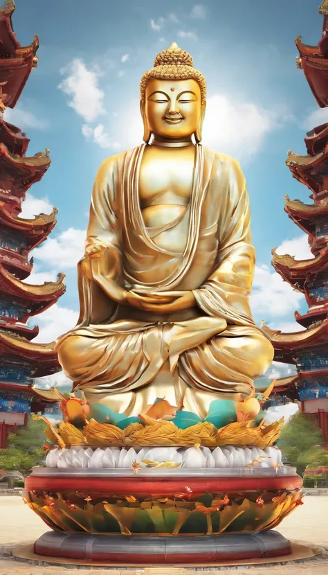 ((Masterpiece))，(Best quality))，China-style，In the sky, The clouds form a huge Maitreya Buddha statue，Gaze at the earth，Standing Buddha statue，with light glowing，Glow effects，Pilgrims on the road，Hyper-realistic，Ultra photo realsisim，Real Photographics，8K，...