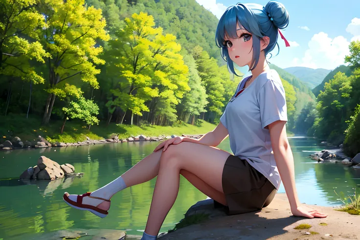 shima rin, 1girl in, blue hairs, hair buns, sitting on, teepee, plein air, the woods, camp fire,anirl, top-quality, 超a high reso...