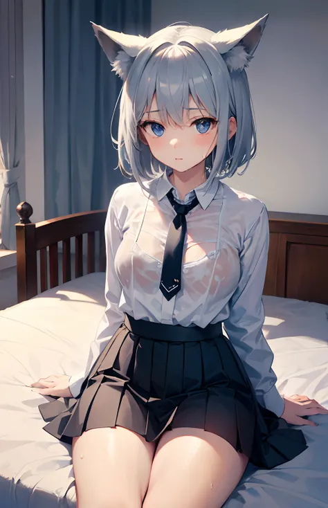 ​masterpiece,Top image quality,hight resolution,imagem 4k,Raw photo,Photorealsitic,{Solo},teens girl,silber hair,Bery short hair,stare at each other,Blue eyes,小柄,Silver fox ears,Fox tail,on the beds,shrine maiden,,boyish,,Wet、small tits,,an lingerie,a juni...