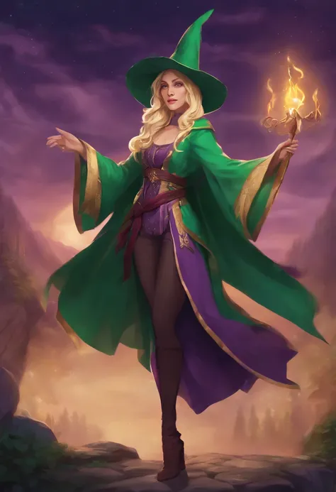 ((live2d))Full body standing picture,Straight,frontage,girl with,sorcerer,The wizards slightly bent pointy hat,Clothing color: Main purple,Wearing robes,Blonde with a green leaning,