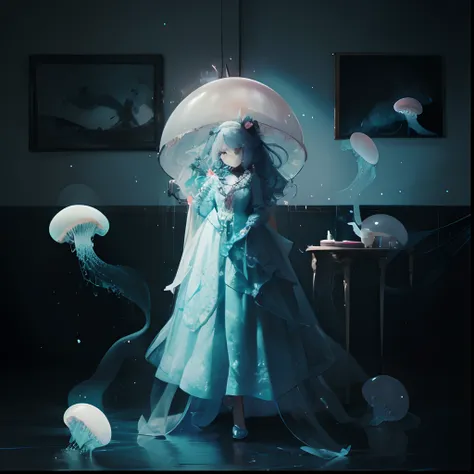 Girl fused with jellyfish. She looks like a dress. Shes a tea party. On the other side of the table. Smile. darkened room.