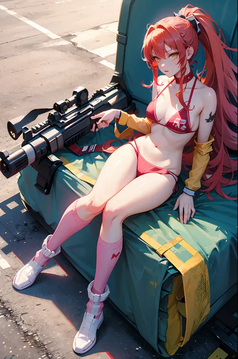 Anime character with long red hair, yellow eyes, a ponytail, a bikini, pink knee-high socks, and holding a rifle.