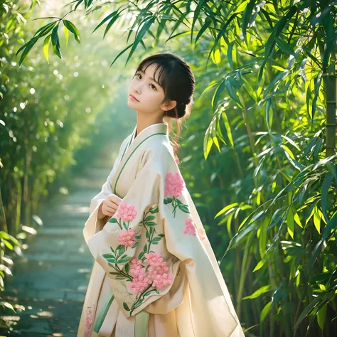 HDR、Delicate saturation、Japanese shades、Soft light、Beautiful flowers々、Bright green tree々、Elegant and intricately embroidered kimono、Delicate cherry blossom、Pale pink kimono、have a bouquet、Long hair hanging down the back、Emotional atmosphere、Quiet and calm ...