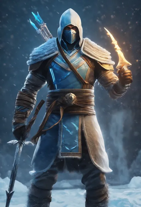 epic image of sub zero from mortal kombat in winter. Holding a spear made out of ice