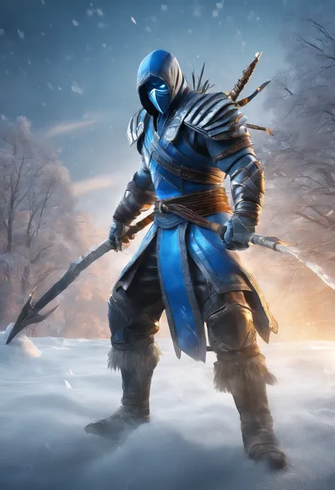 epic image of sub zero from mortal kombat in winter. Holding a spear made out of ice