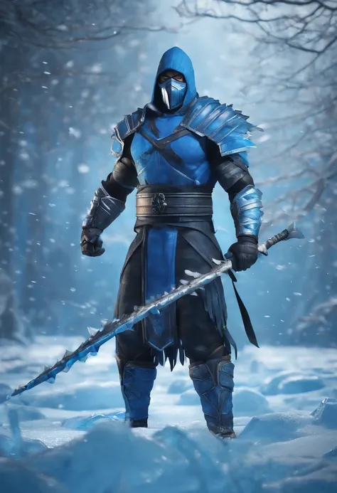 epic image of sub zero from mortal kombat in winter. Holding a spear made out of ice