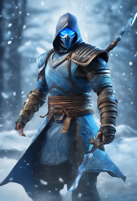 epic image of sub zero from mortal kombat 1 in winter. Holding a spear made out of ice