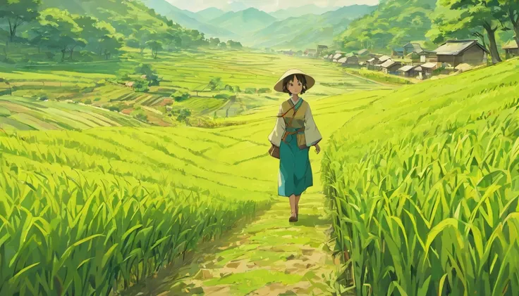 A group of farmers, rice fields, working diligently in the sun, rural landscape, traditional farming methods, straw hats, peaceful countryside, golden sunset, lush greenery, tranquil atmosphere, hardworking laborers, fertile soil, bountiful harvest, agricu...