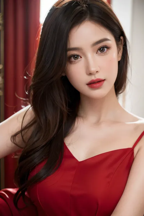 (Best quality,4K,8K,A high resolution,Masterpiece:1.2),Ultra-detailed,(Realistic,Photorealistic,photo-realistic:1.37),Beautiful detailed eyes,beautiful detailed lips,Extremely detailed eyes and face,Long eyelashes,Red dress,Red lips,red theme,illustration,...