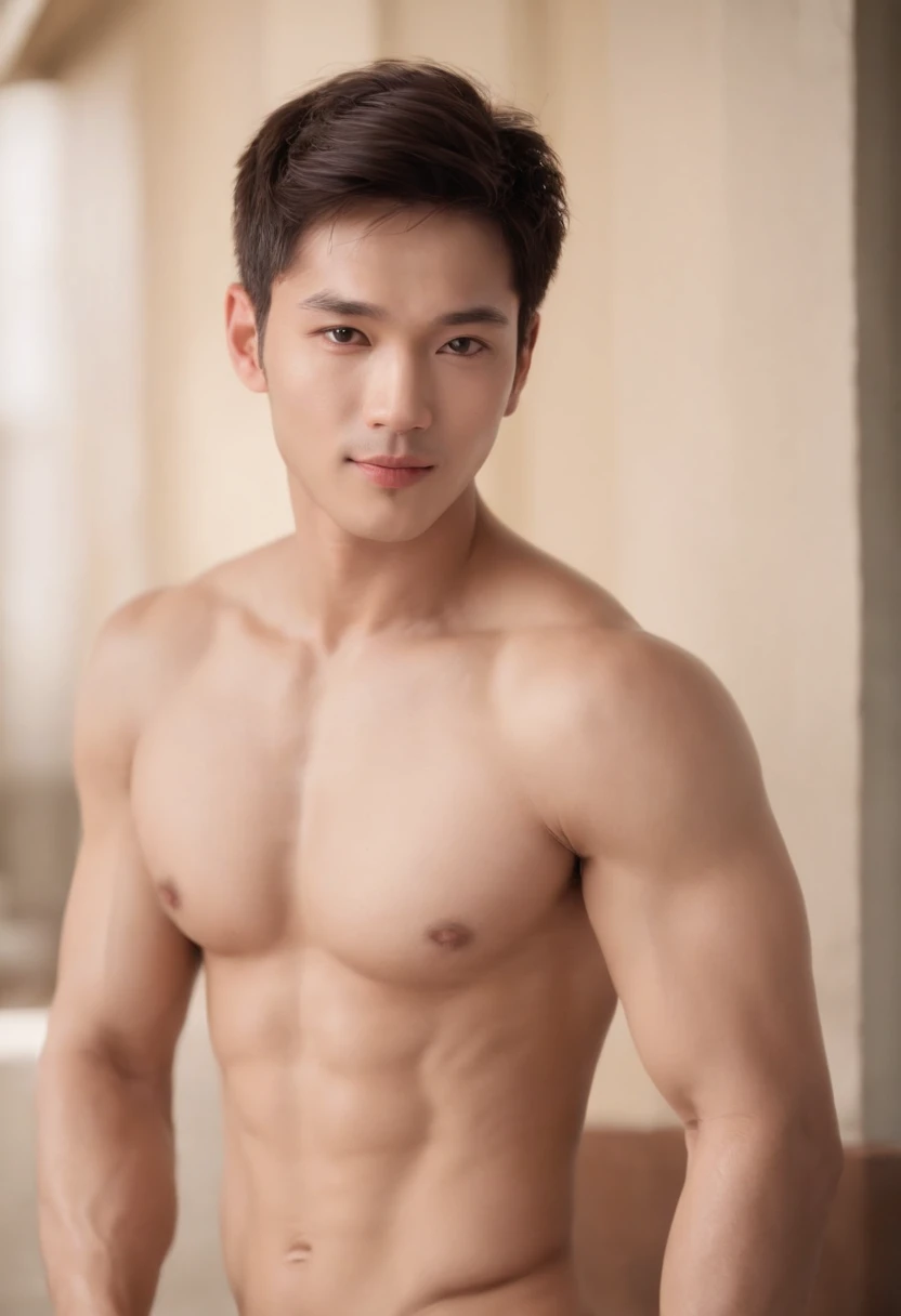 1 man，1male，asian man，Asian people，Realistic, (masterpiece, 最高品質, bestquality, Informal art), Very detailed, Most Detailed, Divinity, Short Hair Hair, Black Hair, Handsome Man, necklace, pectoral, Abs, brown skin, Black eyes, handsome， muscular, ((Wide sho...