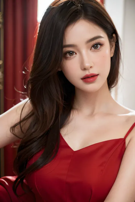 (Best quality,4K,8K,A high resolution,Masterpiece:1.2),Ultra-detailed,(Realistic,Photorealistic,photo-realistic:1.37),Beautiful detailed eyes,beautiful detailed lips,Extremely detailed eyes and face,Long eyelashes,Red dress,Red lips,red theme,illustration,...