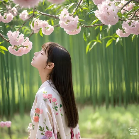 HDR、Delicate saturation、Japanese shades、Soft light、Beautiful flowers々、Bright green tree々、Elegant and intricately embroidered kimono、Delicate cherry blossom、Pale pink kimono、have a bouquet、Long hair hanging down the back、Emotional atmosphere、Quiet and calm ...