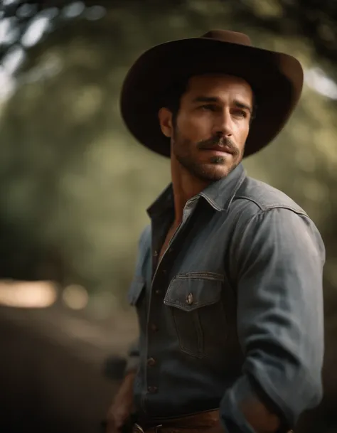 Cinematic portrait, ((Upper body)), Facing the audience, (reality :1.3), most beautiful artwork photo in the world, A man looks at the camera, Vintage denim outfits, Western cowboy, Detailed beautiful face, action  shot, (Intricate :1.4), Western backgroun...