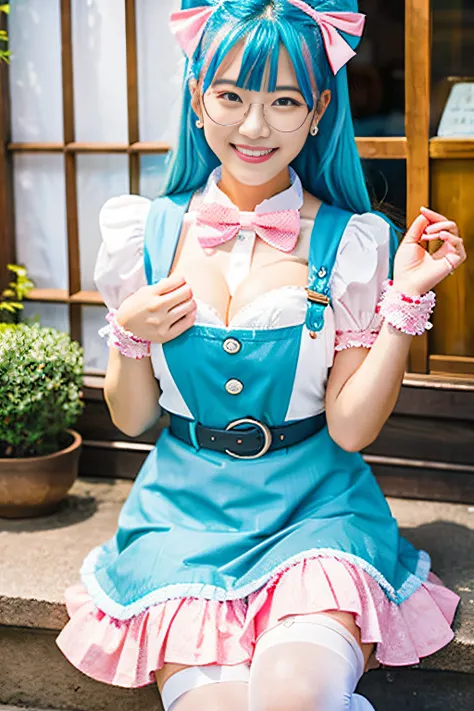 ROW Photos、High quality、Beautiful girl in Japan、18year old、A smile、A slight smil、Soio、Cute sexy maid outfit in white and pink tones、From the knee up、Round glasses、Blue hair color、Silver hair color、、Work at a fashionable urban maid café、E Cup Breast、White o...