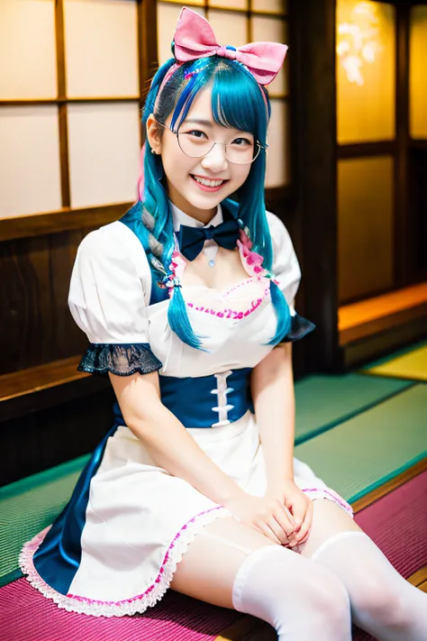 ROW Photos、High quality、Beautiful girl in Japan、18year old、A smile、A slight smil、Soio、Cute sexy maid outfit in white and pink tones、From the knee up、Round glasses、Blue hair color、Silver hair color、、Work at a maid café、E Cup Breast、White over-knee socks、gar...