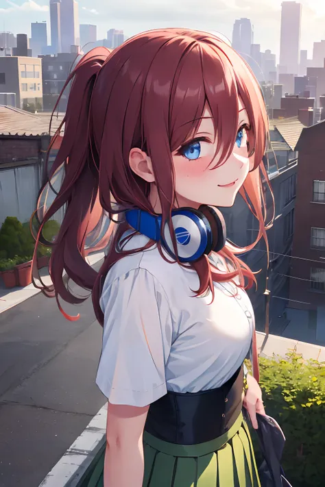 InminentKiss, (masterpiece), high quality, detailed background,1girl, ssolo, ChopioMiku, long hair, shiny hair, maroon hair, hair between eyes, blue eyes, highly detailed eyes, headphones around neck, (blush: 1.3), looking at viewer, standing, smile, outdo...