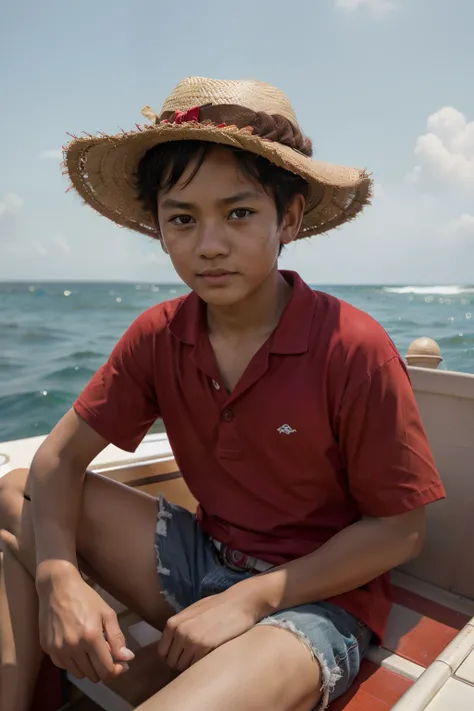 photographed shoot for young luffy boy He is eight years old wearing his red shirt and straw hat sitting on boat in sea, realistic high details high quality hyper realistic