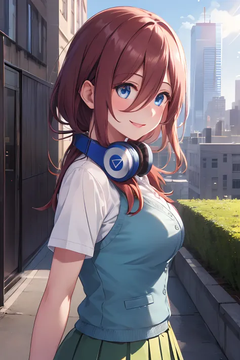 InminentKiss, (masterpiece), high quality, detailed background,1girl, ssolo, ChopioMiku, long hair, shiny hair, maroon hair, hair between eyes, blue eyes, highly detailed eyes, headphones around neck, (blush: 1.3), looking at viewer, standing, smile, outdo...