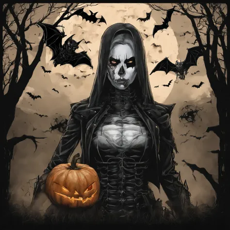 Halloween outfits（best qualtiy，8K pumpkin skeleton,Masterpiece）When the skeleton pumpkin appears，Bats only hear, unseen，Pumpkin girl，borgar，pumpkins，Bat explosion，That whistle echoed for a long time，Its like a prelude to impending death，The image of pumpki...