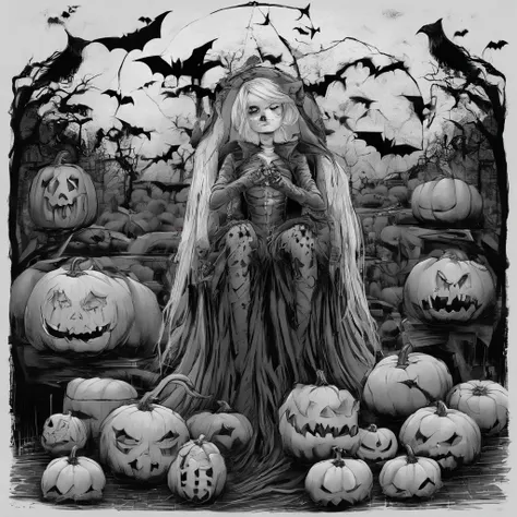 Halloween outfits（best qualtiy，8K pumpkin skeleton,Masterpiece）When the skeleton pumpkin appears，Bats only hear, unseen，Pumpkin girl，borgar，pumpkins，Bat explosion，That whistle echoed for a long time，Its like a prelude to impending death，The image of pumpki...