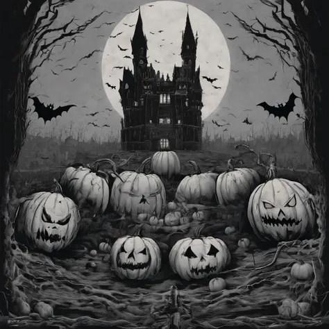 Halloween outfits（best qualtiy，8K pumpkin skeleton,Masterpiece）When the skeleton pumpkin appears，Bats only hear, unseen，Pumpkin girl，borgar，pumpkins，Bat explosion，That whistle echoed for a long time，Its like a prelude to impending death，The image of pumpki...