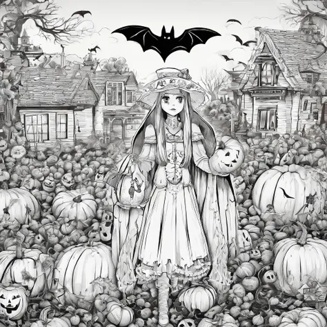 Halloween outfits（best qualtiy，8K pumpkin skeleton,Masterpiece）When the skeleton pumpkin appears，Bats only hear, unseen，Pumpkin girl，borgar，pumpkins，Bat explosion，That whistle echoed for a long time，Its like a prelude to impending death，The image of pumpki...