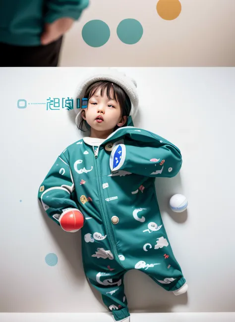 Close-up of a Chinese child wearing a sleeping bag（Real Human），With her cute little hands and feet exposed，There is a ball in the air, cute design, Fashionab, white and teal garment, Adorable, Sleeping, Sleepy, zun, soft - warm, sleeping bag, p. j. n, Patt...