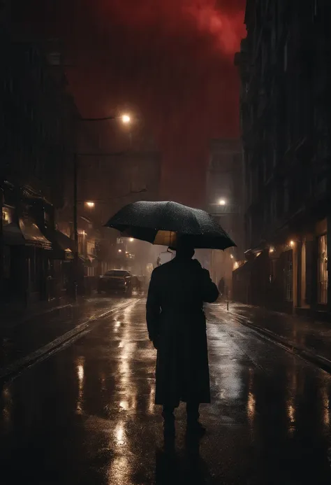 ((Full body photograph)) of a dark unknown powerful shadow non-human entity with skull face ((black, gold, red)), standing in the middle of a vacant city street while there is heavy rain and strong thunderstorm, photorealistic, stunning realistic photograp...