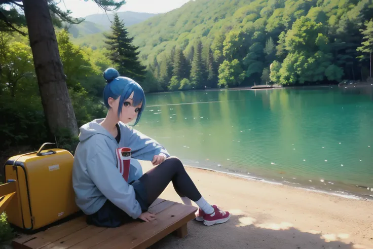 Shima Rin, 1girll, Blue hair, hair-bun, Sitting, camping, Outdoors, Lake Shikotsu, camp fire,, anirl, Best Quality, 超A high resolution,realisitic，Vespa，coffee，mug cup