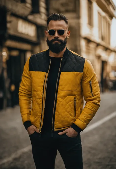 man with beard , yellow lamborghini, Success, sunglasses, official costume, colourful, 真实感