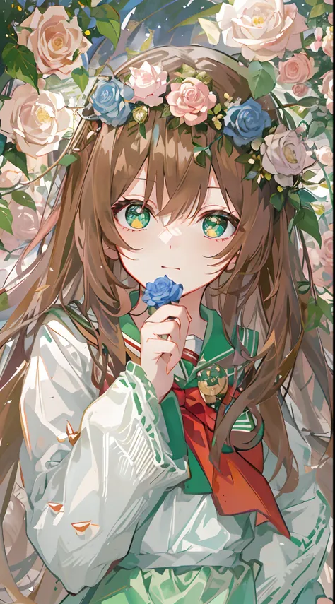 Masterpiece quality，The best quality assurance。A brown hair、Cute girl with emerald green eyes。Tsundere，Exudes magic，With a rose headdress，Long hair flutters in the wind，Be red in the face,a sailor suit,Genki girl，trpical garden