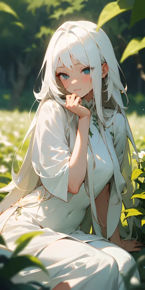 (masterpiece, best quality),1girl with long white hair sitting in a field of green plants and flowers, her hand under her chin, warm lighting, white dress, blurry foreground