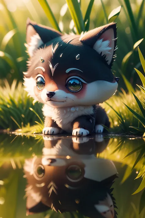 Early morning atmosphere, beautiful natural landscape, thick grass, macro photography in the grass, dew drops with reflection, macro photography of a cute chibi wolf, macro photography