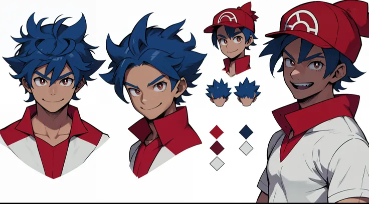 Adult male, red hat, white shirt with blue details, black short, brown eyes, (detailed face), (detailed eyes), pokemon trainer, anime style, thin, white background, character sheet, multiple angles, smile, blue hair