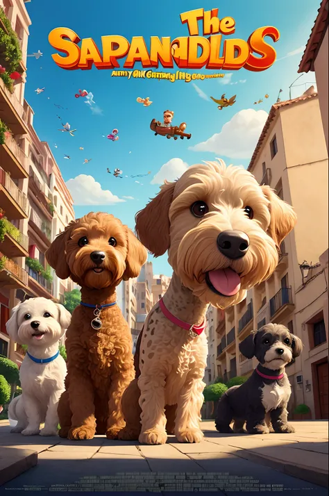 the poster for the movie Spanish Buddies set in Valencia Spain, starring 3 dogs, dog Milo is a beige small maltipoo, Juno is a grey and beige Yorkie, Nylah is a brown and beige labradoodle with spots like a cow and left front leg all brown, animated film, ...