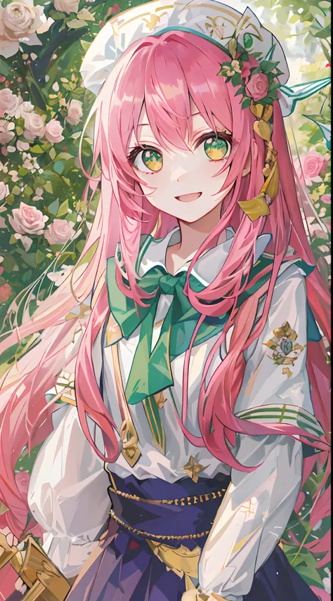 Masterpiece quality，The best quality assurance。A long pink hair、Cute girl with emerald green eyes。Tsundere，ssmile,Exudes magic，With a rose headdress，Long hair flutters in the wind，Be red in the face,a sailor suit,Genki girl，trpical garden