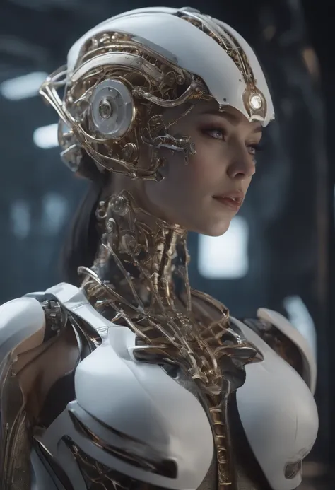 Anime - A stylized image of a woman with a skeleton body and helmet, unreal engine rendered + A goddess, Biomechanical OPPAI, Highly detailed cybernetic subjects, white biomechanical details, gynoid cyborg body, 3 D rendering character art 8 K, Detailed bo...