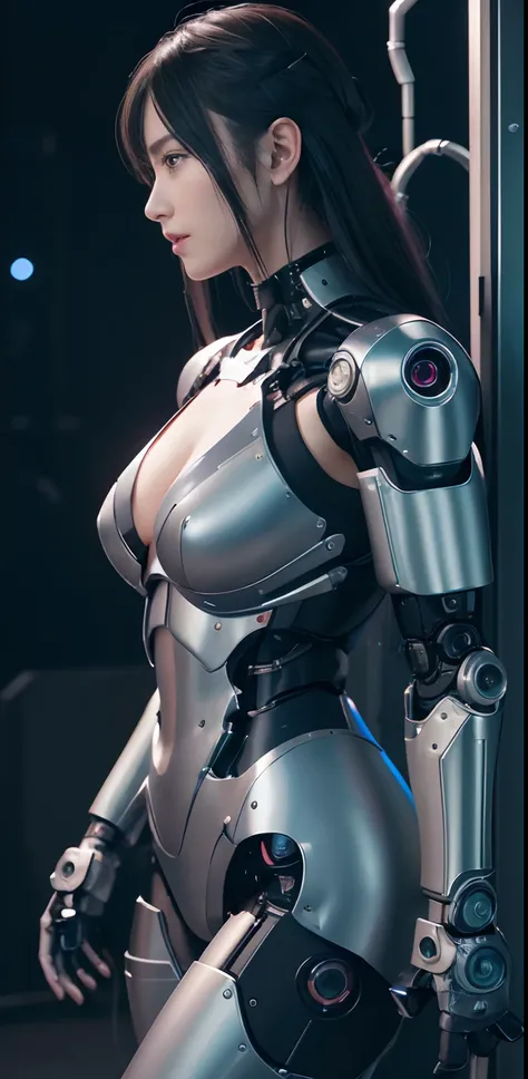 ​masterpiece, ((plugsuit)), ((a beauty girl:1.4))、I dont have both arms.、Some mechs、Mechanized body、Mechanized chest and abdomen、Mechanized occipital、Mechanized legs、Black metallic suit tight to the body、is standing、Tied up、Metal Robot、((Cyberpunk backgrou...