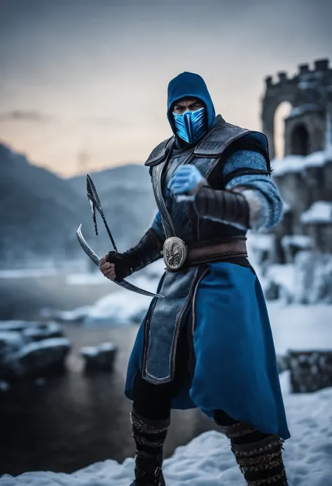 epic image of sub zero from mortal kombat 1 in winter. Holding a spear made out of ice. Castle background