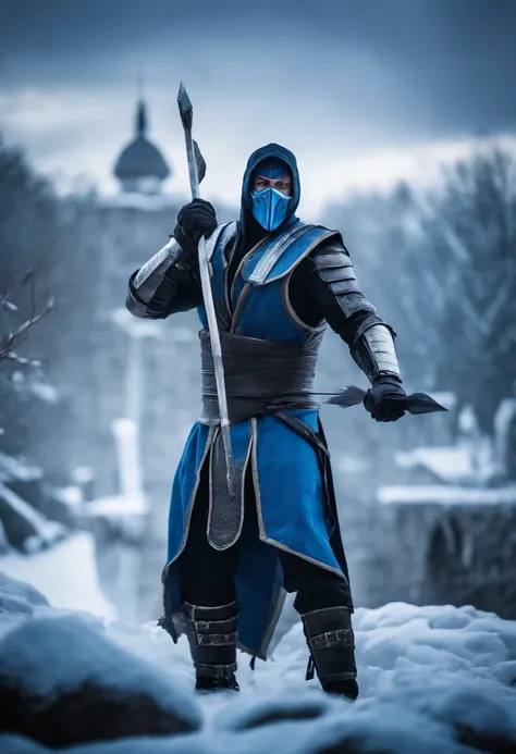 epic image of sub zero from mortal kombat 1 in winter. Holding a spear made out of ice. Castle background