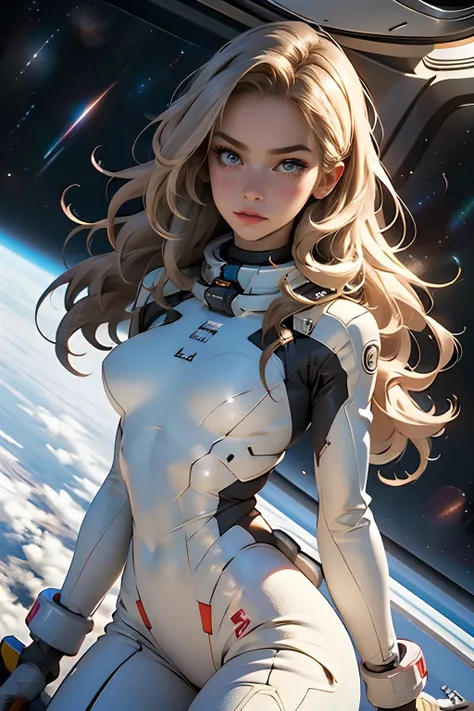 sandy hair fit body large breasts slender thighs slender waist pilot suit solo looking at viewer in space long hair blushing determination, 8k, extreme detail,