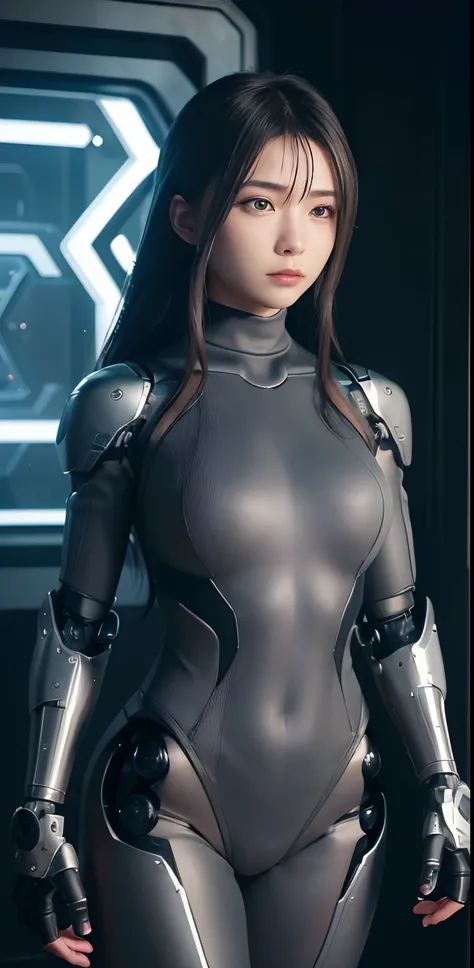 ​masterpiece、((Grey Turtleneck Sweater))、 ((plugsuit)), ((a beauty girl:1.4))、I dont have both arms.、Some mechs、Mechanized body、Mechanized chest and abdomen、Mechanized occipital、Mechanized legs、Black metallic suit tight to the body、is standing、Tied up、Meta...