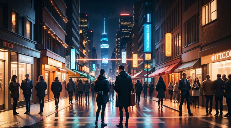 A bustling cityscape with people engaging in Bitcoin transactions, the seamless integration of Bitcoin payment in various businesses, and financial institutions engaged in heated debates about the impact of this cryptocurrency. The city is adorned with fut...