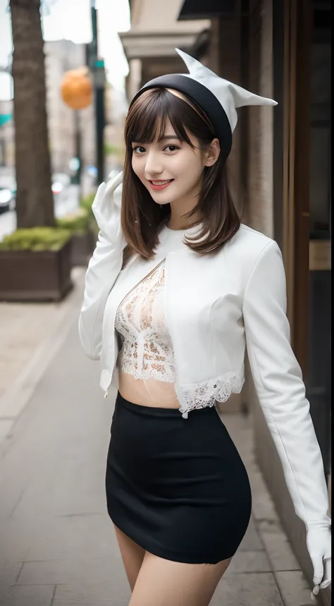 (top-quality、超A high resolution、​masterpiece:1.3)、(a tall and beautiful woman), Midhair with bangs, Detailed moisturized eyes, Textured skin, Best Quality, in 8K, blurry backround, ((thin-waist, skinny thigh:1.1, long legged)), (Colossal tits), Natural Col...